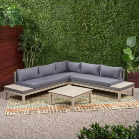 Loft Outdoor Acacia Wood and Wicker 5 Seater Sectional Sofa Set