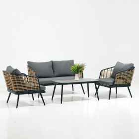 4 Pieces Patio Furniture Set, PE Rattan Wicker 4 Pcs Outdoor Sofa Set w/Washable Cushion and Tempered Glass Tabletop