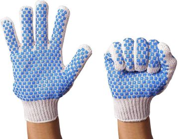 Pack of 24 String Knit Gloves with Blue Blocks on Two Sides L size Knitted Cotton Polyester Gloves for General Purpose. Protective Gloves with Blue PV