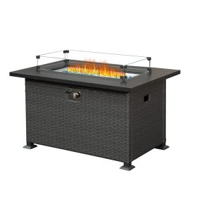 Fire Pit Table 43.3 Inch with Glass Wind Guard, 50,000 BTU Smokeless Fire Pits for Outside,Outdoor Wicker Gas Fire Pits for Patio (Dark Gray)